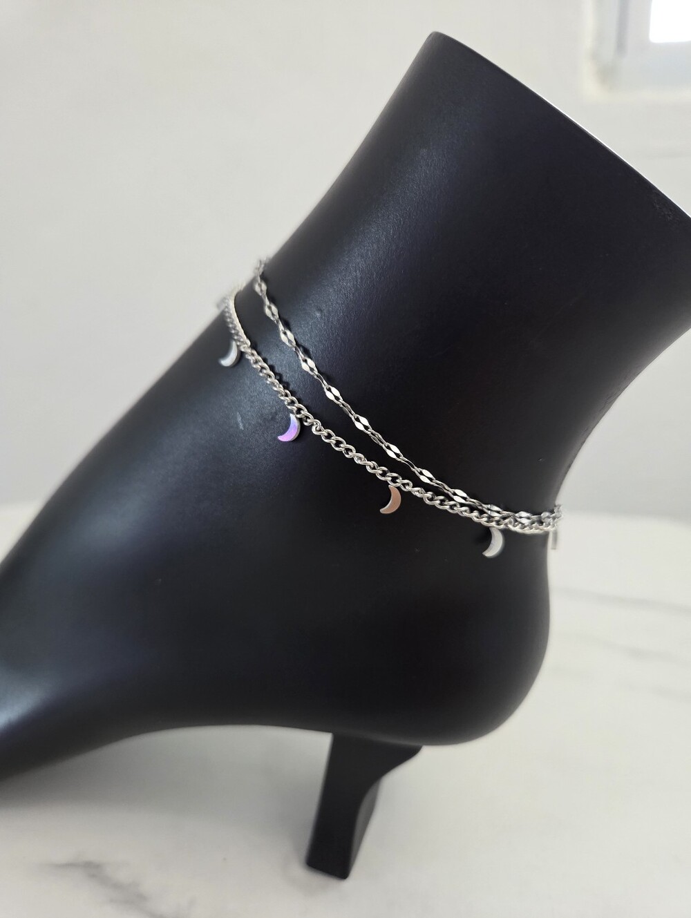 Silver Double Layer Crescent Moon Charm Anklet - Picture 5 of 12